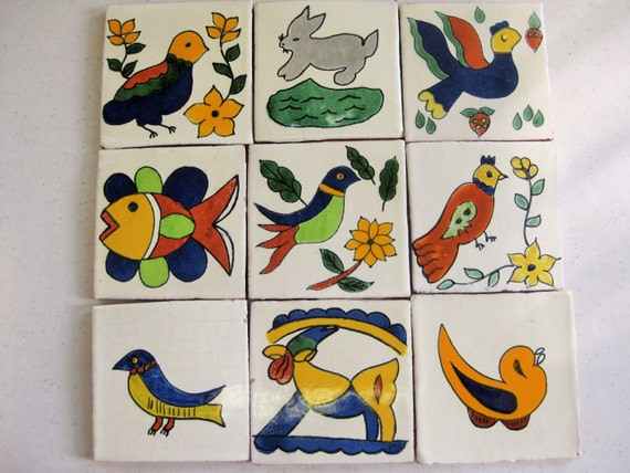 C287 Mexican Handmade Talavera Clay Tile Folk Art 4x4"  Handpainted 