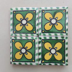 50-T13 2x2 Talavera Decorative Hand Painted Mexican Clay Tile of Flower in Green/White/Yellow (Shipping Included) (Please Read Description)