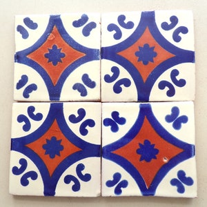 25-TOld-12 4x4 Talavera Decorative Hand Made Hand Painted Mexican Clay Tile in Terra/Blue (Shipping Included) (Please Read Description)
