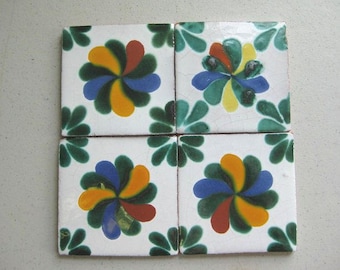 25-PW1 4x4 Talavera Decorative Handmade Mexican Clay Tile in Green/Terra/Blue on Pure White Background (Shipping Included)(Read Description)