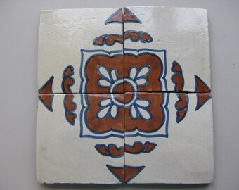 4-6x6 Decorative Talavera Hand Made & Hand Painted Mexican Clay Tile in Terracotta/White (4 Makes a Pattern) (Please Read Description)