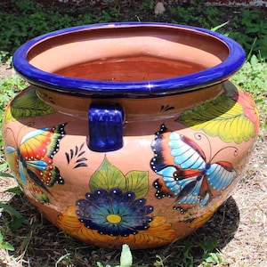 May include: A large, round terracotta pot with a blue rim and handles. The pot is decorated with colorful butterfly and floral designs in shades of orange, yellow, blue, and green. The pot is suitable for outdoor use.