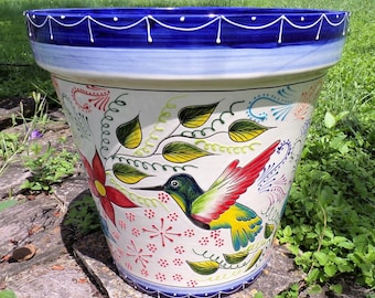 Talavera Hummingbird Planter, Large Hand Painted Mexican Ceramic Flowerpot, Colorful Tapered Planter, Mexican Pottery, Garden Decor, 15.5" T