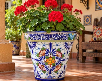 Large Talavera Ceramic Planter Pot, Hand Painted Mexican Flowerpot, Colorful Blue Pottery, Hacienda Patio Garden Decor, 16", Mexican Pottery