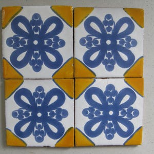 25-PW39 4x4 Talavera Decorative Handmade Mexican Clay Tile in in Blue/Yellow on Pure White Background (Shipping Included) (Read Description)