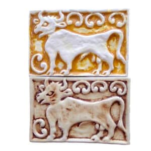 2-D711 Dimensions Embossed/Relief Hand Made Decorative Bisque Tile, Bull in Yellow or Brown, 4x6 (2) (Read Description)
