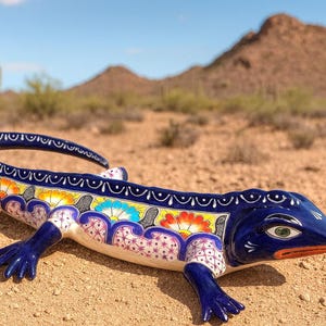 Large Talavera Iguana, Blue Hand Painted Ceramic Lizard, Colorful Mexican Pottery, Decorative Iguana, Mexican Folk Art, 24" L x 10.5" W