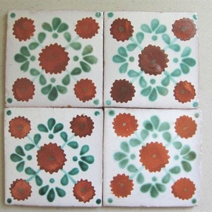 25-PW3 4x4 Talavera Decorative Handmade Mexican Clay Tile in Terracotta/Green on a Pure White Background (Shipping Included)Read Description