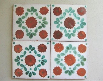 25-PW3 4x4 Talavera Decorative Handmade Mexican Clay Tile in Terracotta/Green on a Pure White Background (Shipping Included)Read Description