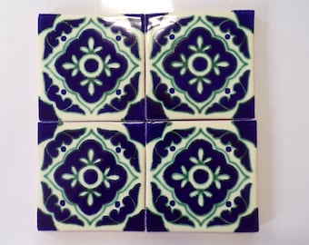 25-T15 4x4 Talavera Blue/Green Decorative Handmade & Hand Painted Mexican Clay Tile (Shipping Included) (Read Description) (Discontinued)