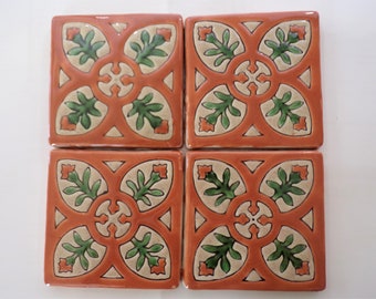 15-MED09 Mediterranean Decorative Hand Made/Painted Mexican Clay Tile in Terra/Green, 4.25x4.25 (Shipping Included)(Please Read Description)