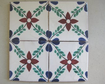 25-PW97 4x4 Talavera Decorative Handmade Mexican Clay Tile in Blue/Terra/Green on Pure White Background (Shipping Included)Read Description