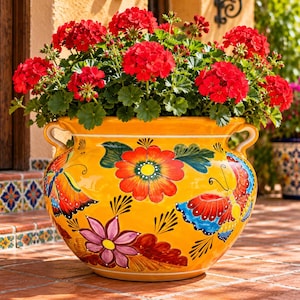 May include: A large, round, yellow ceramic planter with two side handles, decorated with hand-painted orange flowers, purple blossoms, and colorful butterflies. The pot is filled with a dense cluster of vibrant red geranium flowers.