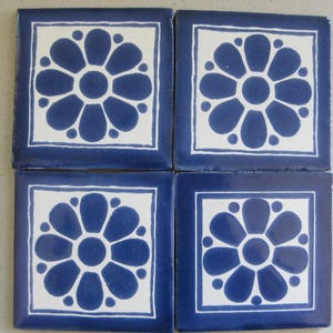 25-PW55 4x4 Talavera Decorative Handmade Mexican Clay Tile in Blue/White Flower on Pure White Background (Shipping Included)Read Description