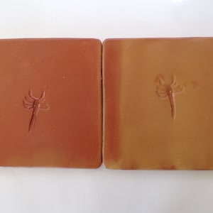 May include: Two terracotta tiles with a scorpion design. The tile on the left is a darker shade of red, while the tile on the right is a lighter shade of orange.