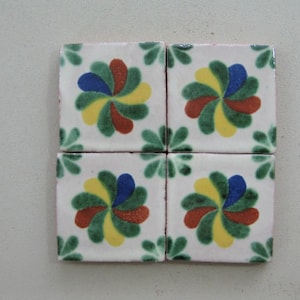 50-T1 2x2 Talavera Decorative Hand Made Mexican Clay Tile in Green/White/Yellow/Blue (Shipping Included) (Please Read Description)