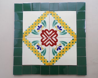 T-103 Talavera 6x6 Colorful Decorative Mexican Clay Tiles Surrounded by 2x2&#39;s in Special Green (Shipping Included) (Please Read Description)