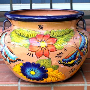 TFPL-Talavera Planter Large Decorative Clay Flowerpot, Hand Made/Painted, Pottery, Butterfly, 14x15 (Shipping Included) (Read Description)