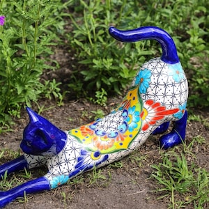 Talavera Large Ceramic Cat, Hand Made and Hand Painted Colorful Pottery, 17&quot; L (Shipping Included) (Read Description)