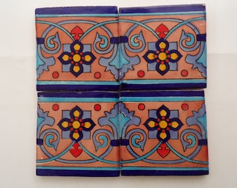 25-TOld10 4x4 Talavera Decorative Handmade & Painted Mexican Clay Tile, Multicolor Border (Shipping Included) (Please Read Description)