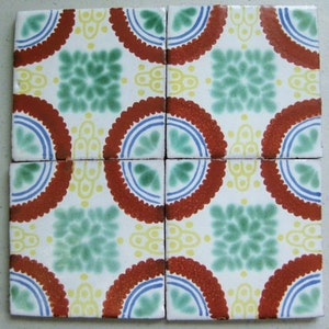 25-PW40 4x4 Talavera Decorative Handmade Mexican Clay Tile in Green/Terra on Pure White Background (Shipping Included) (Read Description)