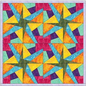 May include: A colourful quilt block with a geometric pattern featuring a star shape in the centre. The quilt block is made up of various colours, including yellow, orange, red, blue, green, and purple.