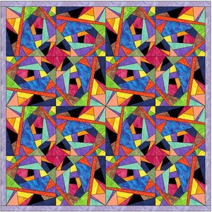 Könnte beinhalten: Ein farbenfroher Quilt mit einem geometrischen Muster aus Dreiecken und Quadraten in Blautönen, Grün, Orange, Rot, Gelb und Lila.