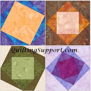 Może przedstawiać: Cztery różne bloki patchworkowe z kwadratem w środku każdego bloku. Bloki są wykonane z różnych tkanin w odcieniach pomarańczowego, brązowego, zielonego i fioletowego. Bloki są ułożone w siatkę. Tekst "quiltingSupport.com" jest widoczny na dole obrazu.