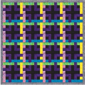 Op de afbeelding: Een quilt met een geometrisch patroon in tinten paars, zwart, geel, groen, roze en blauw. De quilt is gemaakt van vierkanten en rechthoeken, en het patroon wordt herhaald over de hele quilt.