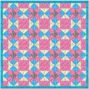 Op de afbeelding: Een quilt met een herhalend patroon van roze, blauwe en gele vierkanten. De vierkanten zijn in een ruitpatroon gerangschikt en de quilt is afgewerkt met een turquoise rand.