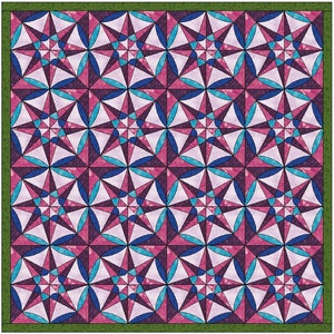 May include: A quilt pattern with a repeating geometric design featuring pink, blue, and white colors. The quilt is framed with a green border.