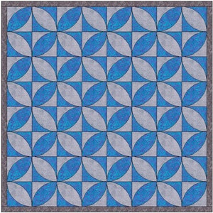 May include: A geometric pattern quilt with alternating blue and gray squares. Each square has a curved design within it, creating a repeating pattern.
