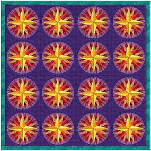 Op de afbeelding: Een quilt met een herhalend patroon van 16 stervormige ontwerpen. Elke ster is omgeven door een cirkel van kleinere driehoeken en is geplaatst op een paarse achtergrond. De sterren zijn geel, oranje en rood.