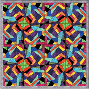 May include: A colorful quilt with a geometric pattern. The quilt is made up of squares with different colored stripes and triangles. The colors include blue, green, yellow, orange, red, purple, and black.