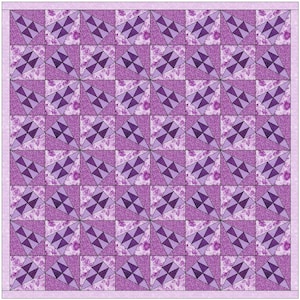 May include: A patchwork quilt with a repeating pattern of purple and lavender geometric shapes. The quilt features a floral print in the background of each square, with a lavender border. The design is symmetrical and visually appealing.