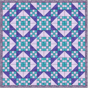 Puede incluir: Un patrón de bloque de colcha con un diseño repetitivo de cuadrados y triángulos morados y turquesa. El patrón es simétrico y crea un efecto de estrella.