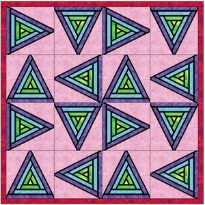May include: A pink quilt block with a repeating pattern of layered triangles. The triangles are outlined in black and filled with shades of green, blue, and purple.