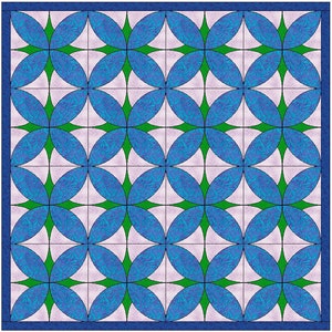 May include: A quilt pattern featuring a repeating design of blue and green circles on a white background. The circles are outlined in black and the background is a pale pink.