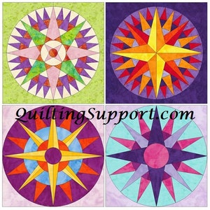 Puede incluir: Cuatro bloques de edredón coloridos con diseños de explosión de estrellas. Cada bloque tiene un patrón circular con una estrella central y puntas radiantes en tonos de morado, naranja, amarillo, verde y rosa. El texto "QuiltingSupport.com" es visible.