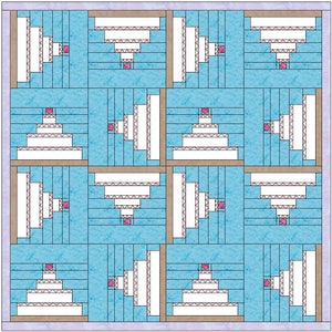 May include: A quilt block pattern with a blue background and a white and pink design. The design is a series of stacked squares that resemble a wedding cake.