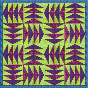 Puede incluir: Un bloque de colcha con un patrón geométrico de triángulos morados y verdes. Los triángulos están dispuestos en un patrón repetitivo para crear un diseño visualmente interesante.