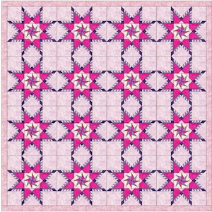 May include: A quilt pattern with a pink background and a grid of 25 pink and purple stars with white and blue accents.