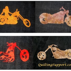 Op de afbeelding: Vier verschillende ontwerpen van motorfiets-silhouetten, geknipt uit stof. De motorfietsen zijn in verschillende tinten oranje, bruin en rood. De silhouetten bevinden zich op een zwarte achtergrond.