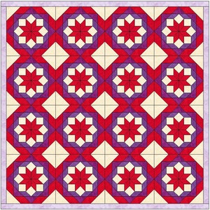 Könnte beinhalten: Ein Quiltblockmuster mit einem sich wiederholenden Muster aus roten, violetten und weißen Sternen in Quadraten. Der Hintergrund ist hellcremefarben.