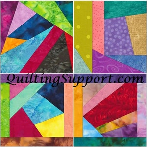 Può includere: Quattro blocchi di patchwork colorati con motivi geometrici in tonalità di blu, verde, rosso, giallo, arancione, rosa, viola e marrone. I blocchi sono disposti in una griglia. Il testo "QuiltingSupport.com" è visibile nella parte inferiore dell'immagine.