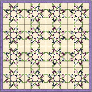 May include: A quilt pattern with a repeating design of stars with green, purple, and blue accents. The background is a light beige color with a light purple border.
