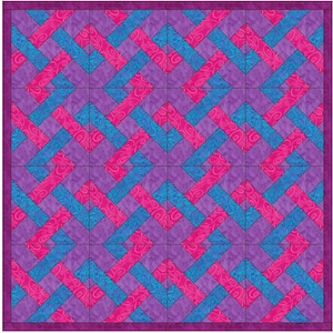 Op de afbeelding: Een quiltpatroon met een geweven ontwerp in roze en blauwe tinten. De quilt is gemaakt van vierkanten met een herhalend patroon van diagonale lijnen.