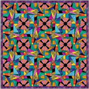 Könnte beinhalten: Ein farbenfroher Quilt mit einem geometrischen Muster aus Dreiecken und Kreisen. Der Quilt besteht aus verschiedenen Schattierungen von Rosa, Blau, Grün, Gelb und Orange. Die Kreise haben einen schwarzen Mittelpunkt und sind von einem rosafarbenen Ring umgeben.