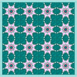 May include: A quilt pattern with a repeating design of pink and white stars on a teal background.