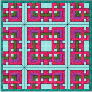 Op de afbeelding: Een quiltblok met een geometrisch patroon in tinten turquoise, roze, paars en groen. Het blok is gemaakt van vierkanten en rechthoeken, en het patroon wordt herhaald over het hele blok.